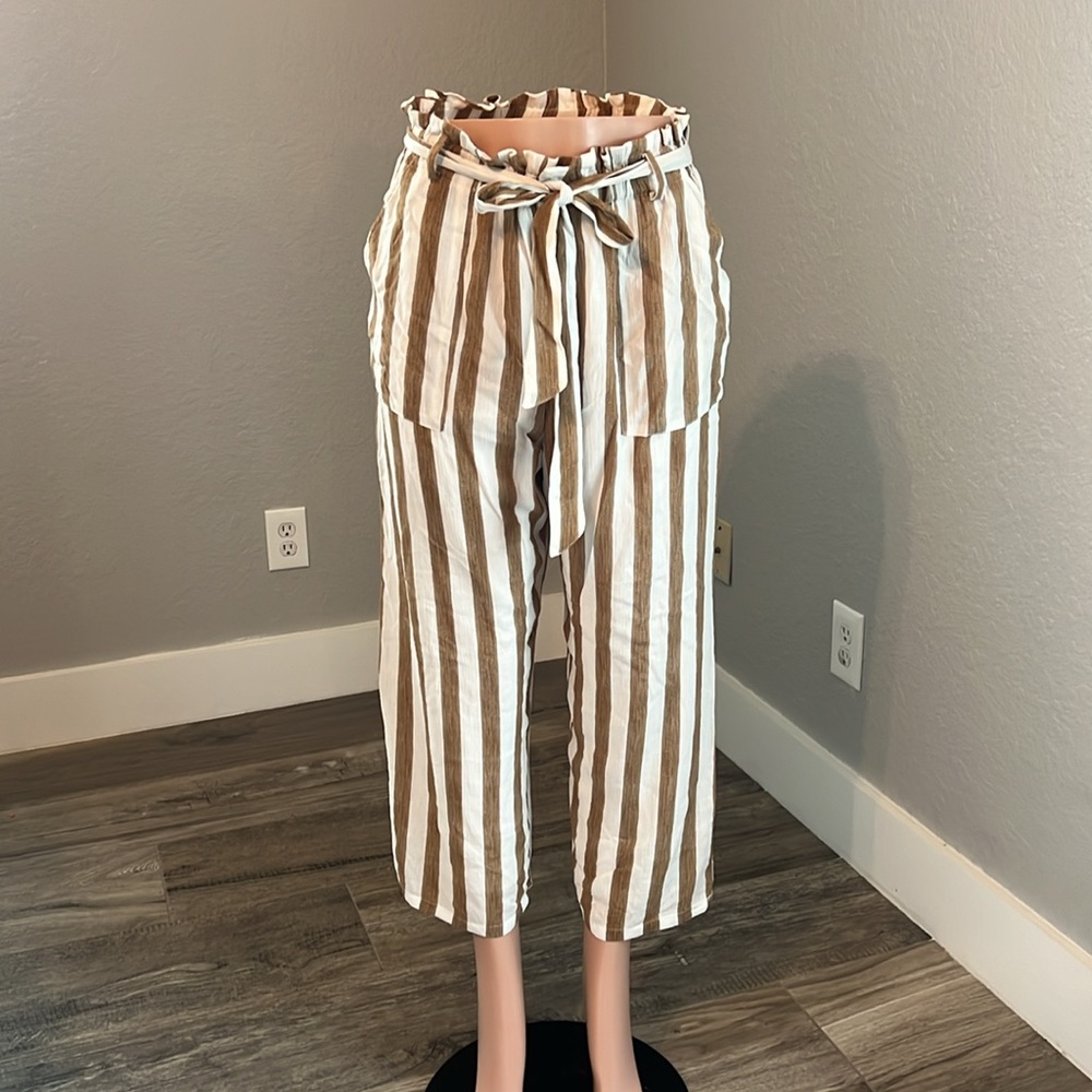 En Creme BUCKLE Womens WIDE LEG PANTS White/BROWN Boho RELAX MEDIUM NWT #81